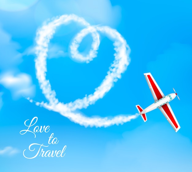 Люблю путешествовать в форме сердца конденсационный след самолета на голубом небе
