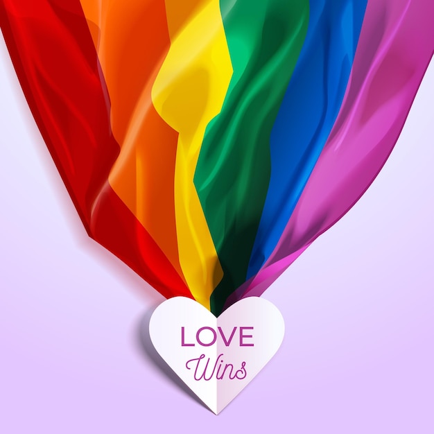 Free vector love wins lettering in a heart and pride rainbow flag