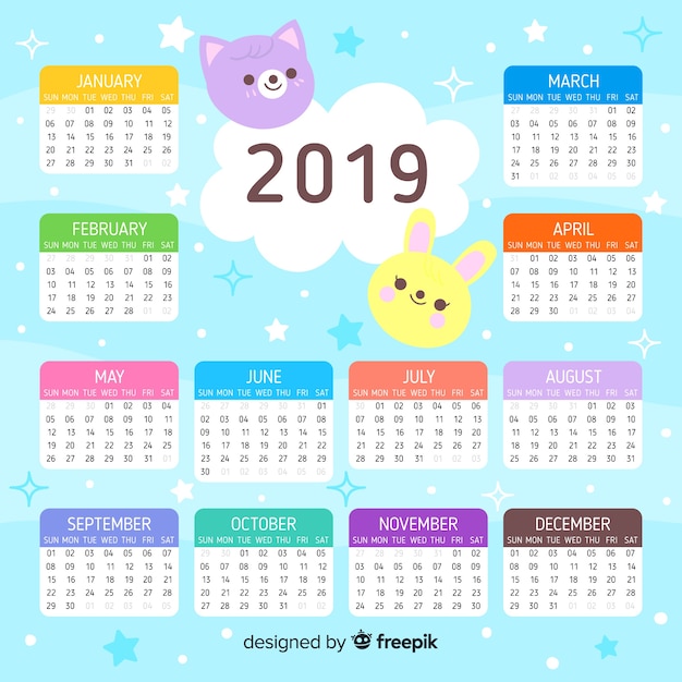 평면 디자인으로 사랑스러운 2019 캘린더 템플릿