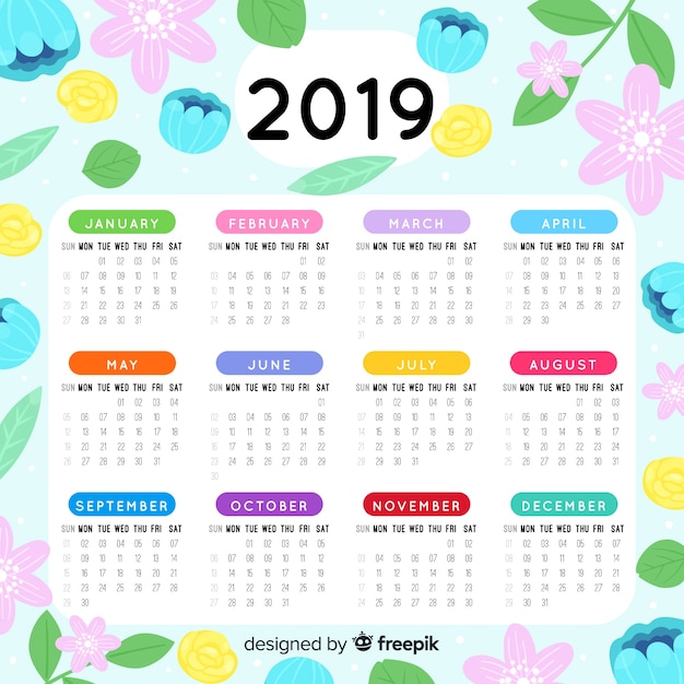 Modello di calendario 2019 adorabile con stile floreale