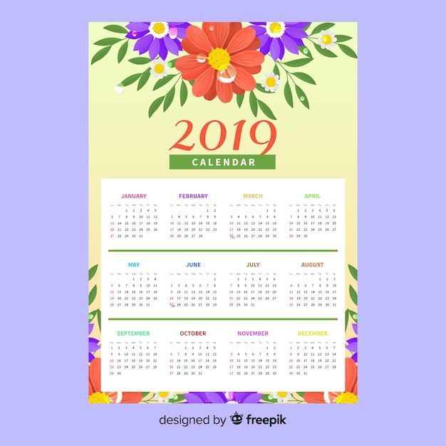 Modello di calendario 2019 adorabile con stile floreale