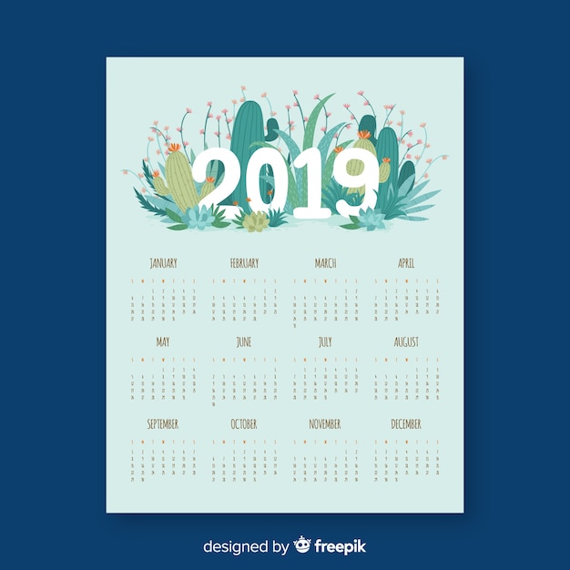 Vettore gratuito modello di calendario 2019 adorabile con stile floreale