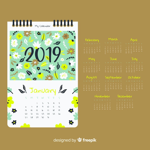 Vettore gratuito modello di calendario 2019 adorabile con stile floreale