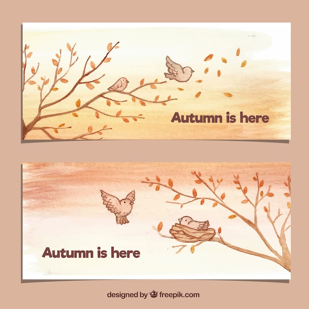 Free vector lovely autumn banners with birds and tree