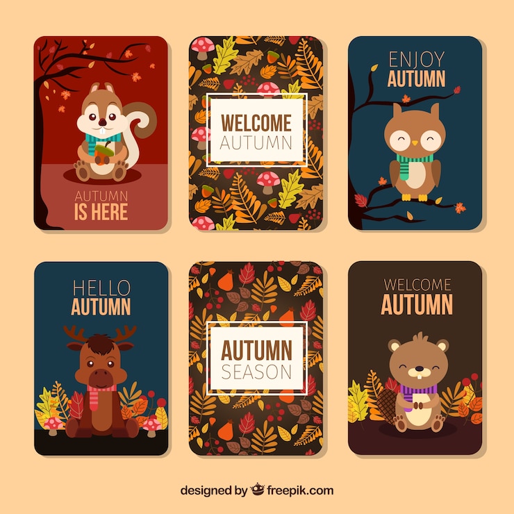 Free Vector lovely autumn cards with animals