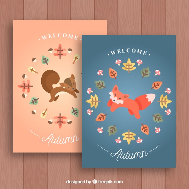 Lovely autumn cards with fox and squirrel