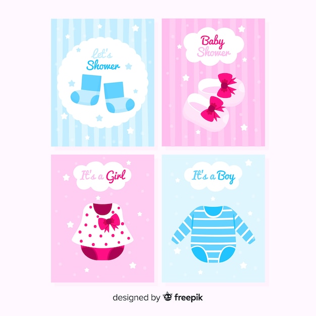 Vettore gratuito bella collezione di carte da baby shower con design piatto