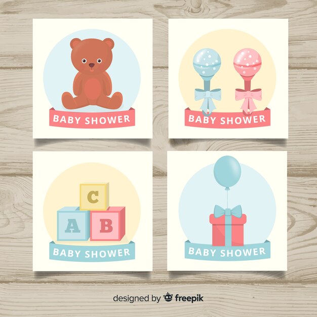 Vettore gratuito bella collezione di carte da baby shower con design piatto