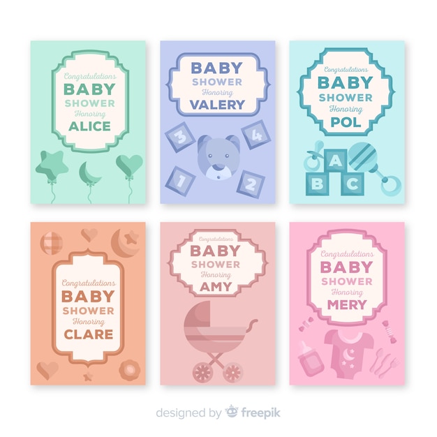 Vettore gratuito bella collezione di carte da baby shower con design piatto