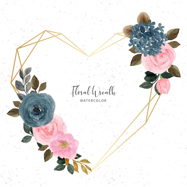 Lovely Blue And Pink Watercolor Floral Wreath With Golden Frame