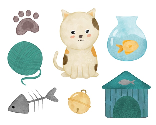 Lovely cat with object element in watercolor painting style