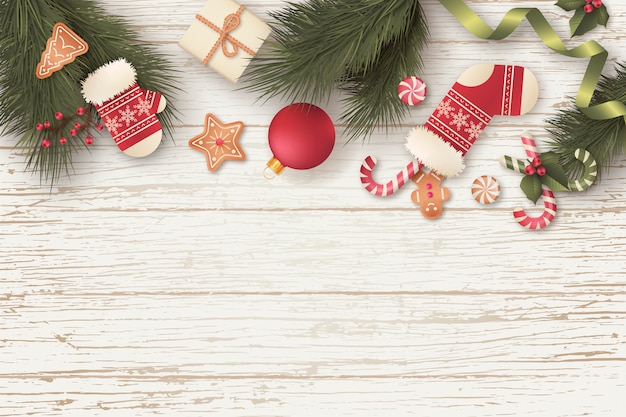 Free vector lovely christmas background with gifts and ornaments