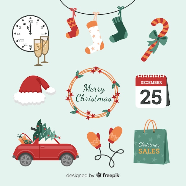 Free vector lovely christmas element collection with flat design