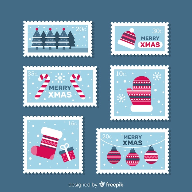 Free vector lovely christmas stamp collection with flat design