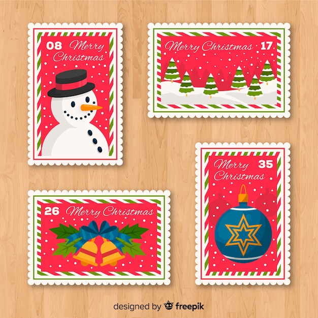 Lovely christmas stamp collection with flat design