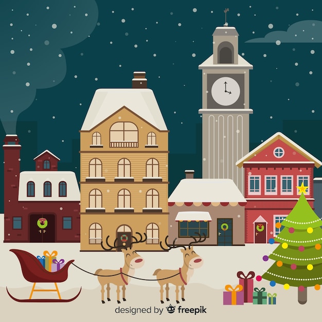 Бесплатное векторное изображение Прекрасный рождественский город с плоским дизайном