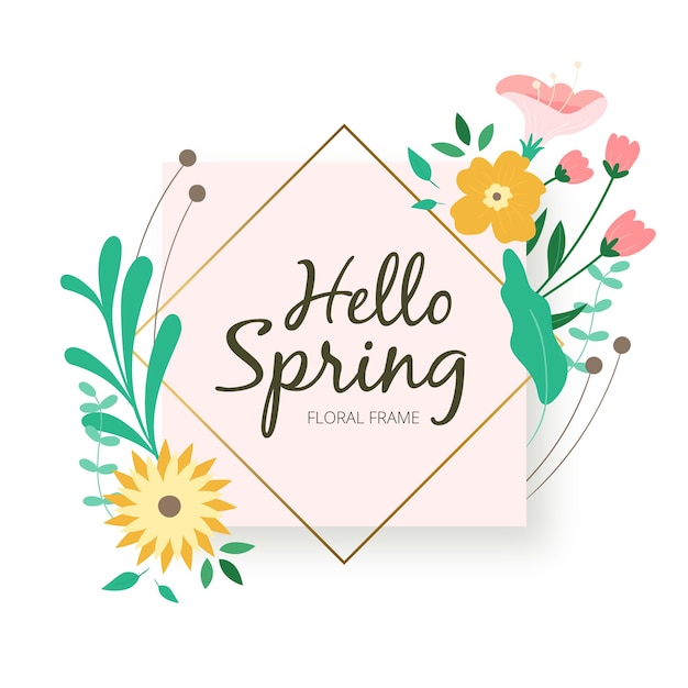 こんにちは春レタリングと素敵なカラフルな花のフレーム