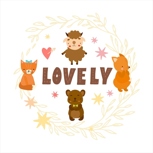 Lovely cute animals in a wreath