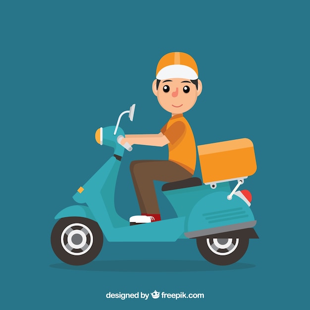 Free vector lovely delivery man with scooter an box