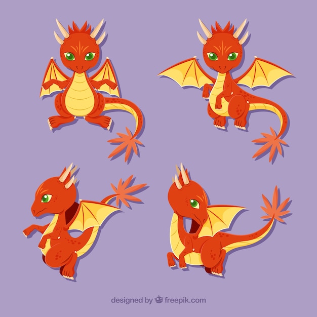 Free vector lovely dragon character collection with flat design