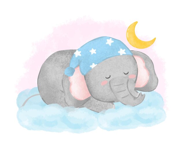 Lovely elephant sleeping on the cloud in painting watercolor
