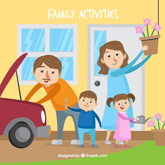 Lovely family doing different activities at home