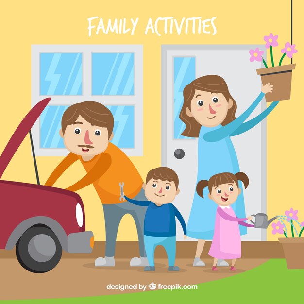 Lovely family doing different activities at home