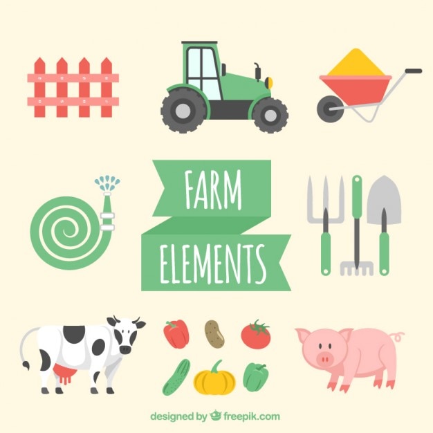 Free vector lovely farm animals with farming tools