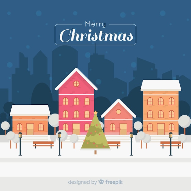 Бесплатное векторное изображение Прекрасный плоский фон рождественского города