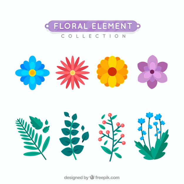 Прекрасная коллекция цветочных элементов с плоским дизайном