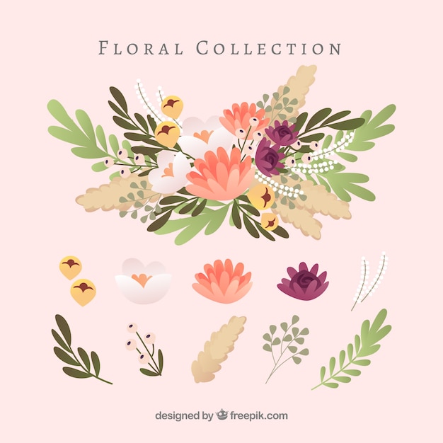 Прекрасная коллекция цветочных элементов с плоским дизайном