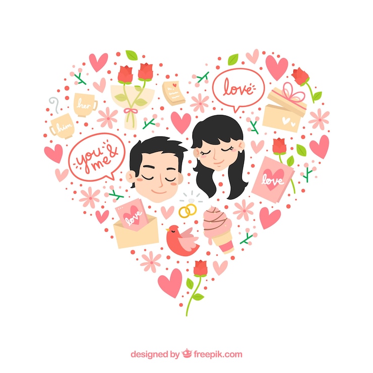 무료 Vector 사랑에 부부와 함께 사랑스러운 꽃 마음