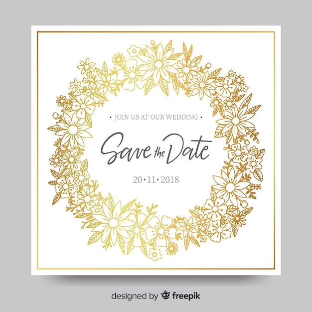 Free vector lovely floral wedding invitation with golden frame