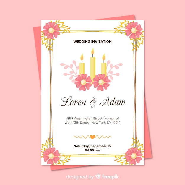 Lovely floral wedding invitation with golden frame