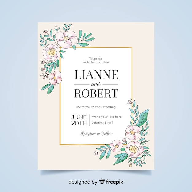 Lovely floral wedding invitation with golden frame