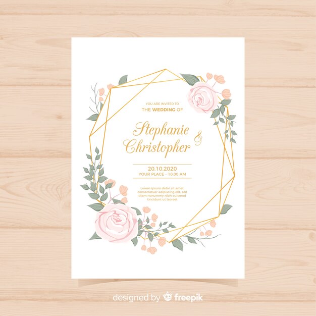 Lovely floral wedding invitation with golden lines