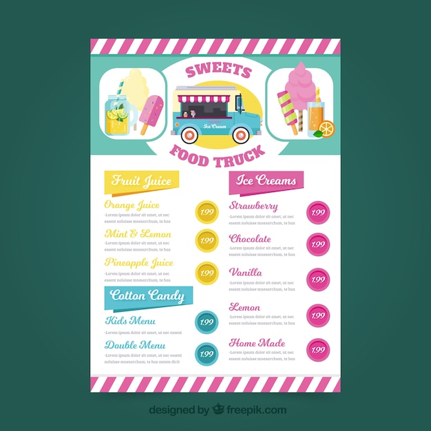 Free vector lovely food truck menu with ice creams