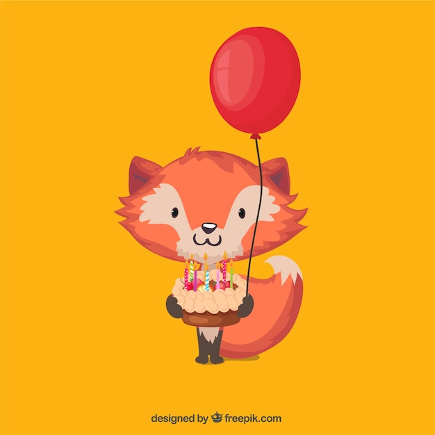 Lovely fox with a birthday cake and balloon