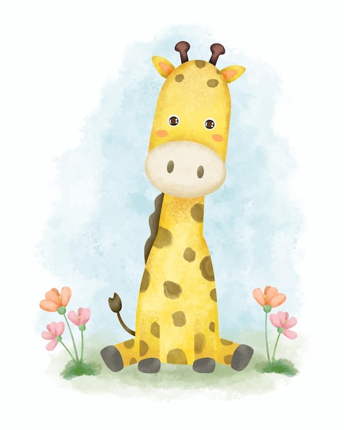 Free vector lovely giraffe sitting on grass with beautiful flowers watercolor painting