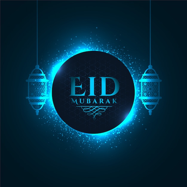 Free vector lovely glowing blue eid mubarak festival greeting