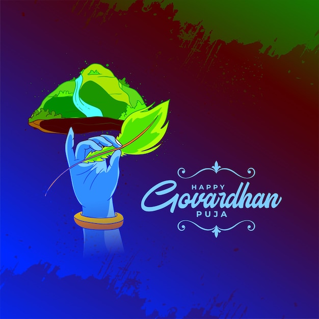 Free vector lovely govardhan puja wishes background with krishna hand lifting mountain design vector