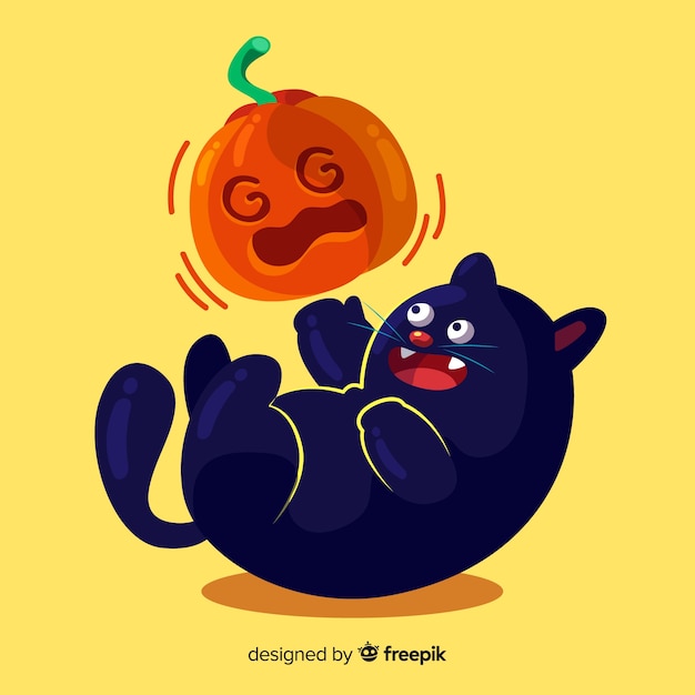 Прекрасная черная кошка Хэллоуина с плоским дизайном