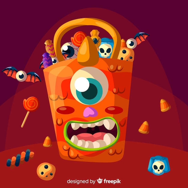 Free vector lovely halloween candy bag with flat design