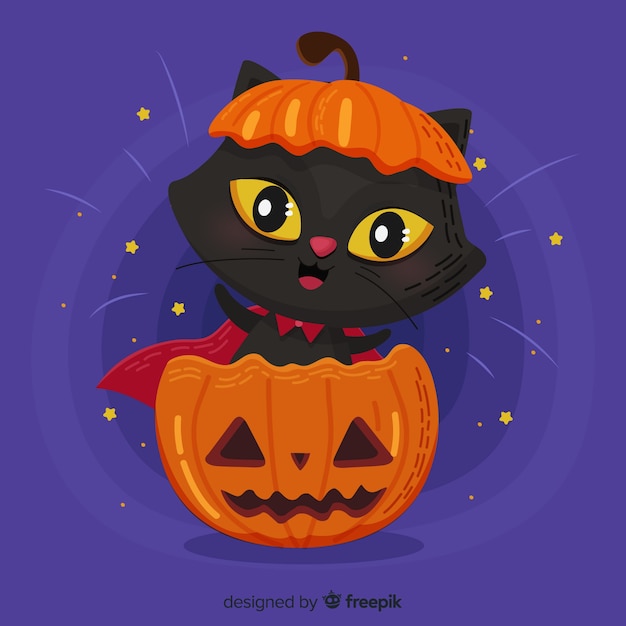 Vettore gratuito lovely gatto halloween con design piatto