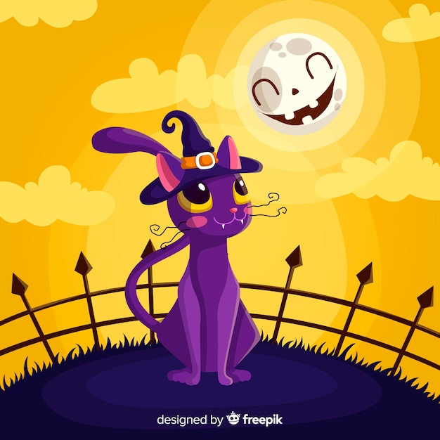 Free vector lovely halloween cat with flat design