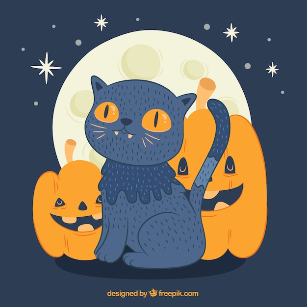 Free vector lovely halloween cat with pumpkins