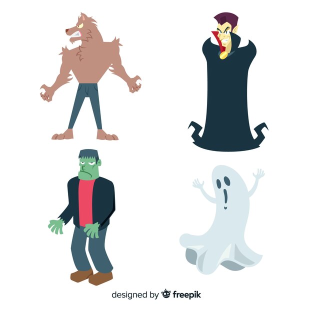 Free vector lovely halloween character collection with flat design