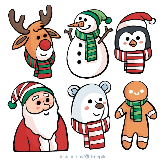 無料ベクター 素敵な手描きのクリスマスキャラクターコレクション