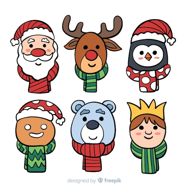 無料ベクター 素敵な手描きのクリスマスキャラクターコレクション