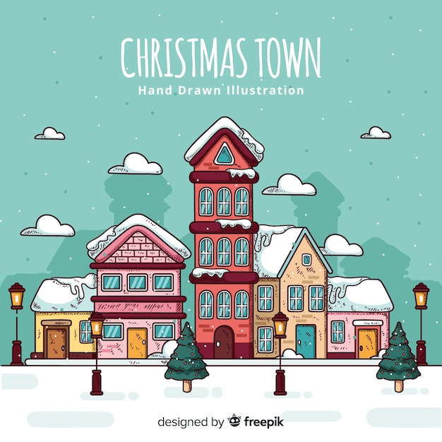 Free vector lovely hand drawn christmas town